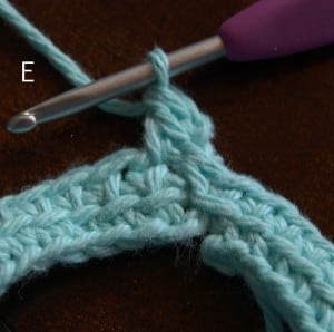 First linked double crochet stitch of a row.