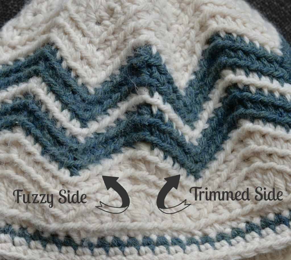 Close up of chevron crochet hat showing fuzz and shaved fuzz.