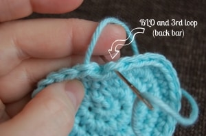 Yarn needle showing which loop to work the invisible crochet join in.