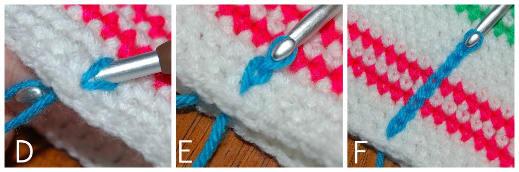 White and bright pink swatch with blue surface crochet begun to make plaid.