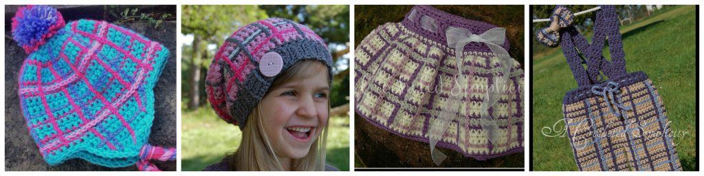 Crochet plaid slouch hat and girls skirt with ribbon.