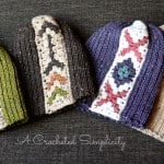 Four ribbed crochet hats with granny stitch colorwork section.