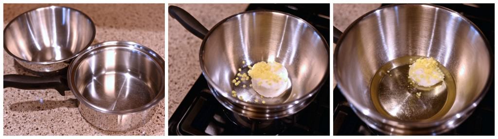 Stainless steel bowl inside pot to melt coconut oil and beeswax pellets.