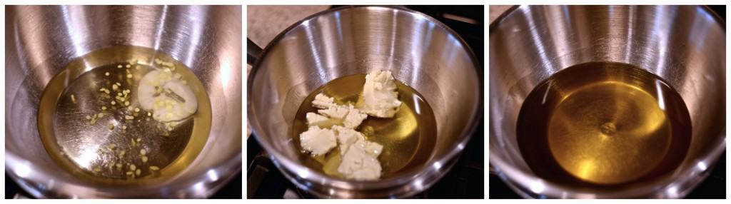 Stainless steel bowl with melted coconut oil and beeswax pellets.