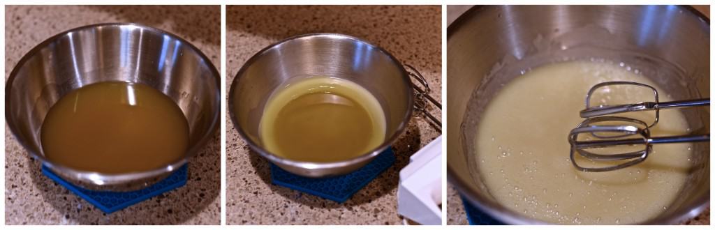 Stainless steel bowl with melted beeswax pellets and coconut oil.