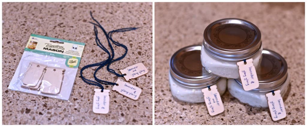 Small mason jars with homemade lotion and small wooden tags.