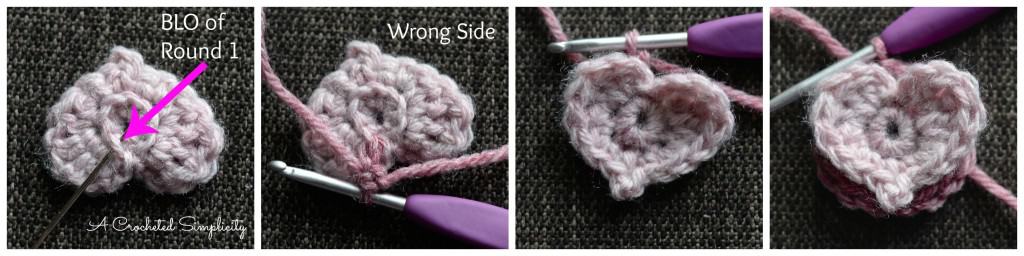 Tutorial to show how to begin to crochet a larger heart on back of a smaller heart.