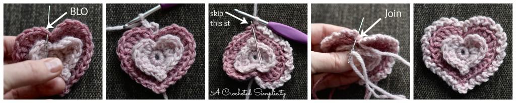 Purple crochet hook adding ruffle edge to pink heart.