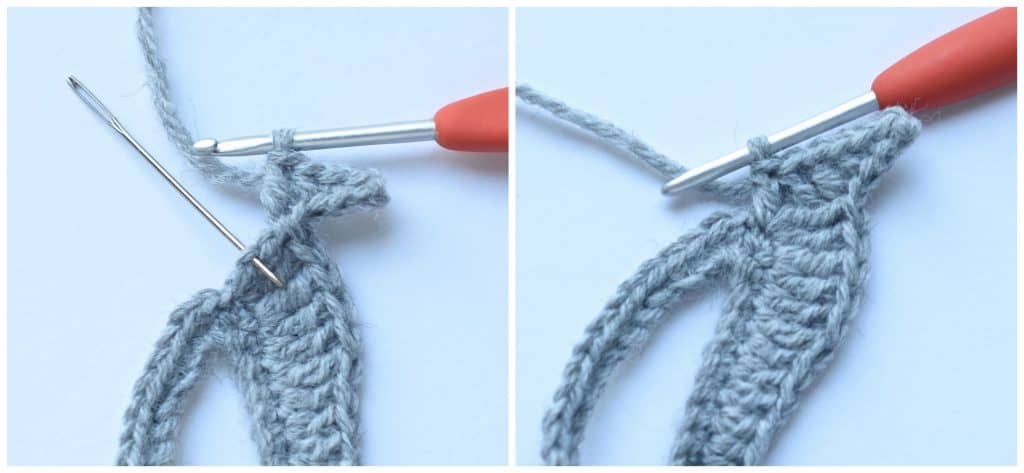 Orange crochet hook and grey mask.