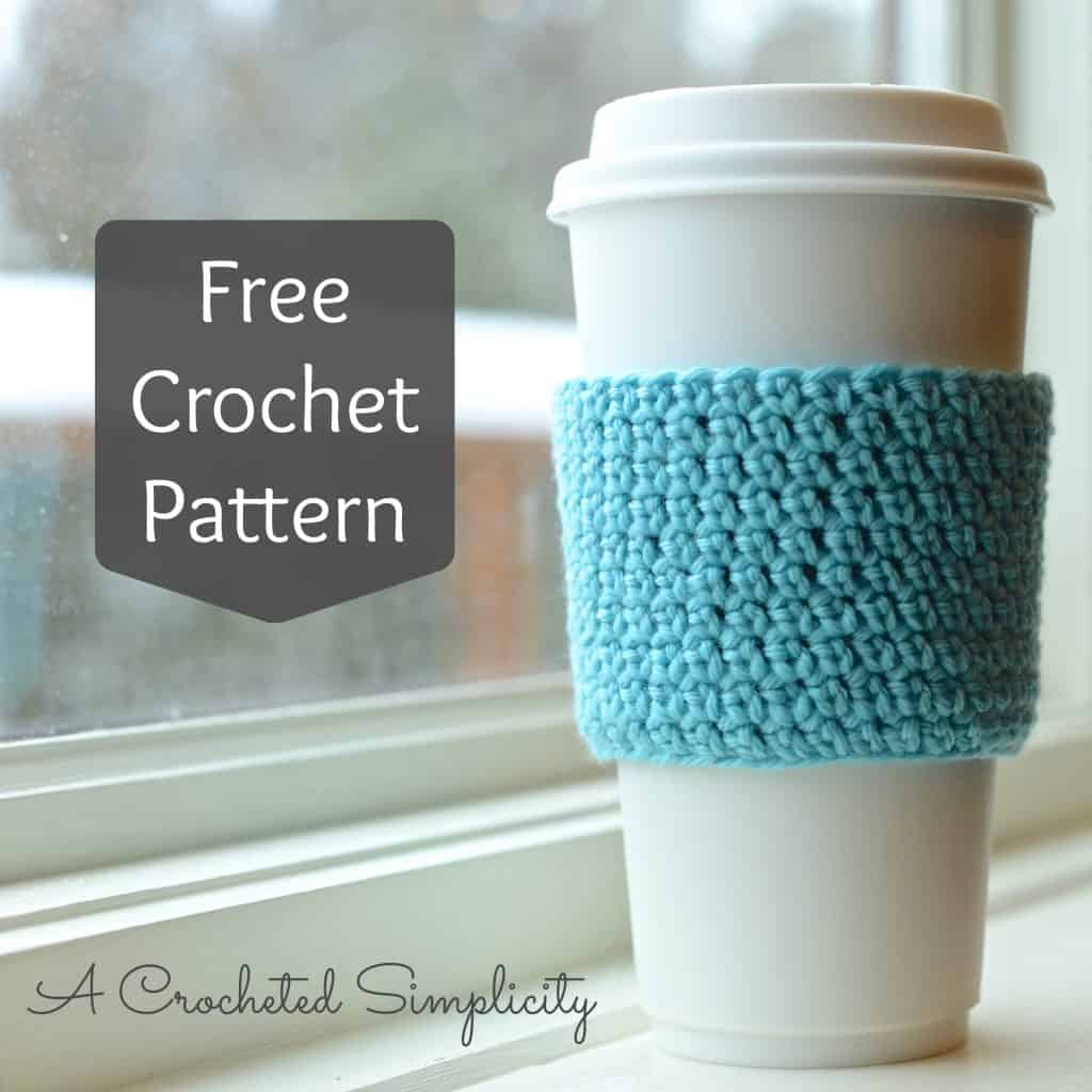 Thermal coffee mug with turquoise crochet coffee sleeve made with extended single crochet.