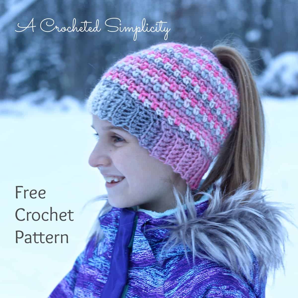 Linen Stitch Messy Bun Hat Free Crochet Hat Pattern With