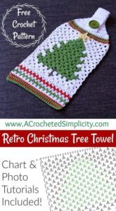 Free Crochet Pattern - Retro Christmas Tree Towel by A Crocheted Simplicity #freecrochetpattern #crochettowel #crochettowelpattern #christmastowel #christmasdecor #crochetchristmastree #crochetchristmastowel #handmadetowel #crochetchristmastree #crochetkitchentowel #crochethandtowel #retrochristmas 