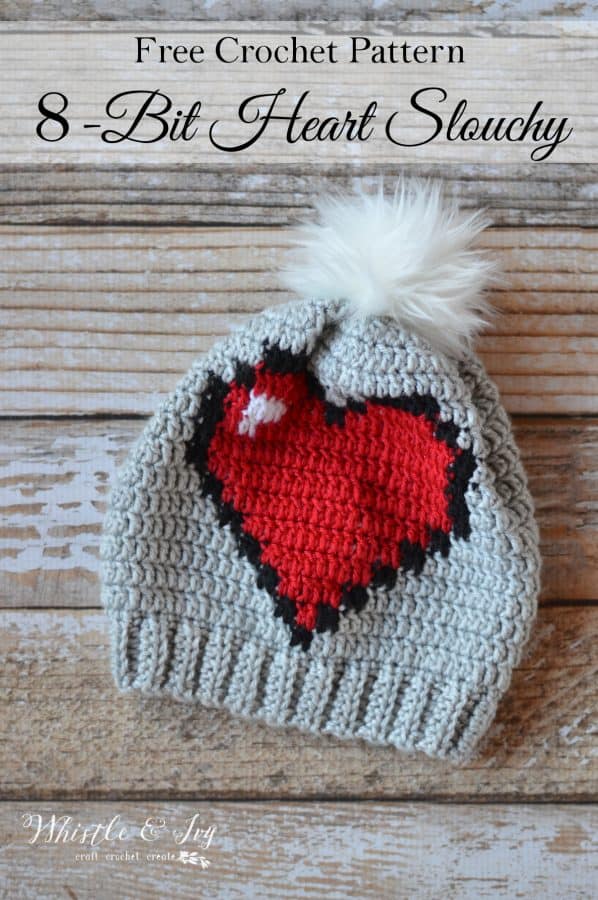 Free Crochet Pattern 8-bit-heart-crochet-slouchy by Whistle & Ivy