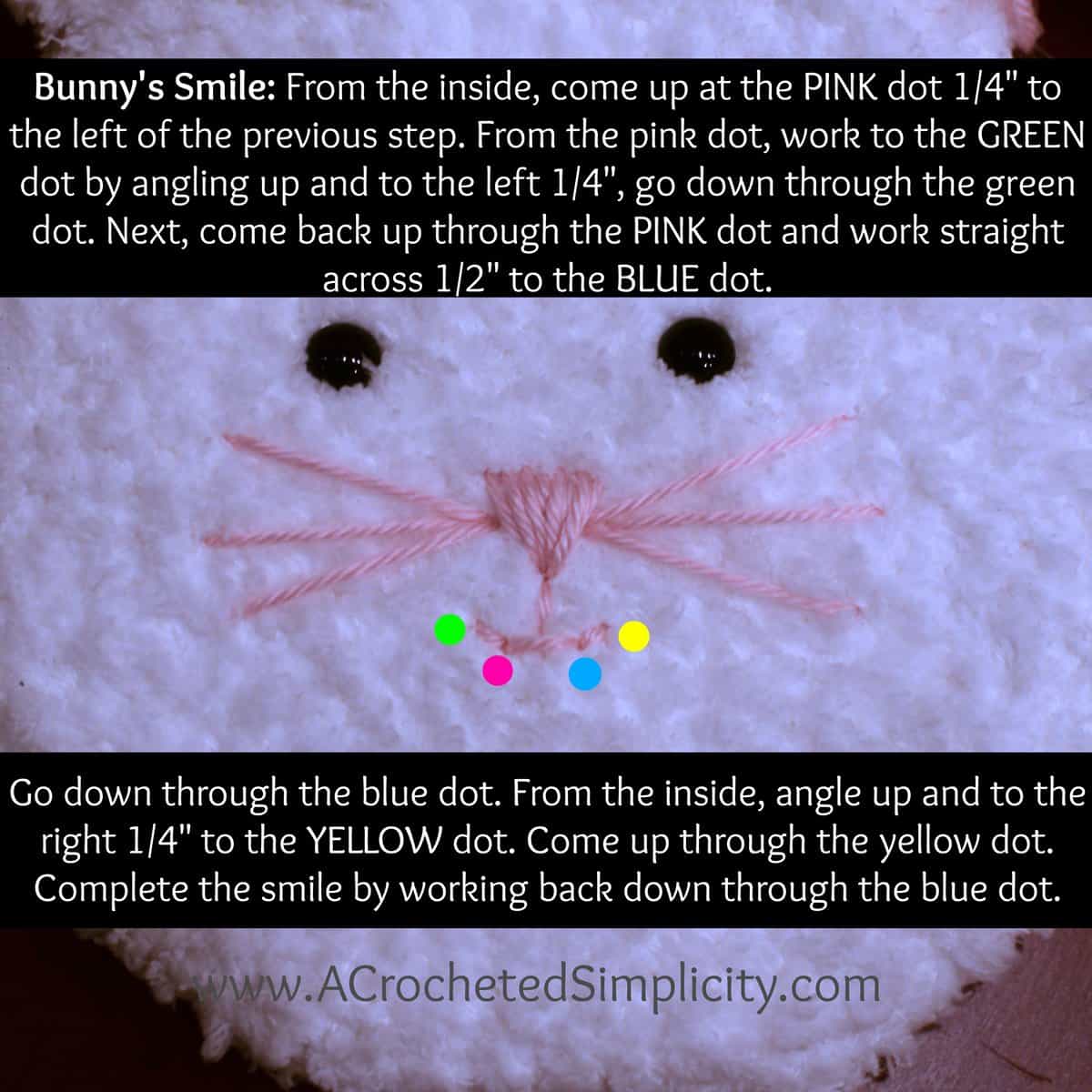 How to embroider a mouth on a crochet bunny bag.