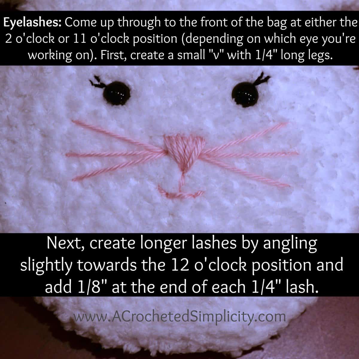 How to embroider eyelashes on a crochet bunny.