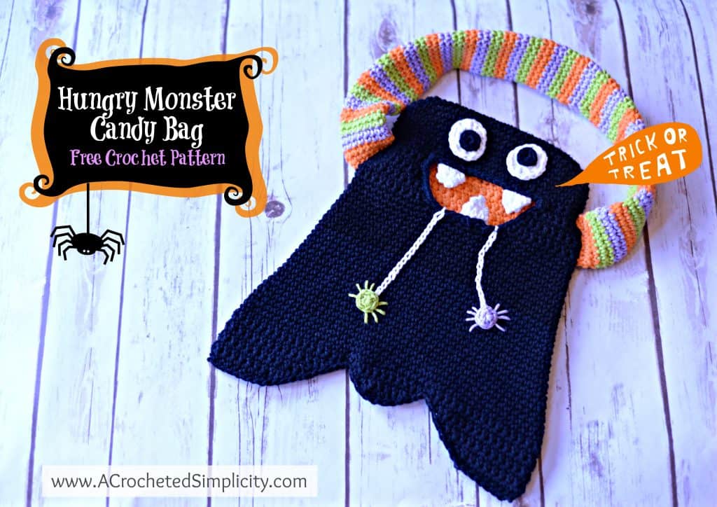 Free Crochet Pattern - Hungry Monster Candy Bag by A Crocheted Simplicity #freecrochetpattern #halloweencrochet #crochetforhalloween #halloweencandybag #crochetcandybag #crochethalloween #crochetforkids #crochetmonsterbag #crochethalloweenpattern #handmade 