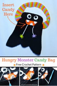 Free Crochet Pattern - Hungry Monster Candy Bag by A Crocheted Simplicity #freecrochetpattern #halloweencrochet #crochetforhalloween #halloweencandybag #crochetcandybag #crochethalloween #crochetforkids #crochetmonsterbag #crochethalloweenpattern #handmade 