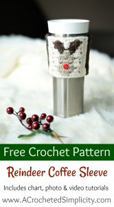Free Crochet Pattern - Reindeer Coffee Sleeve/Cozy by A Crocheted Simplicity #freecrochetpatten #crochetchristmaspattern #crochetcoffeesleeve #crochetcoffeecozy #crochetdrinkcozy #handmadechristmas #christmascrochet #crochetreindeer #crochetgrannystitch 