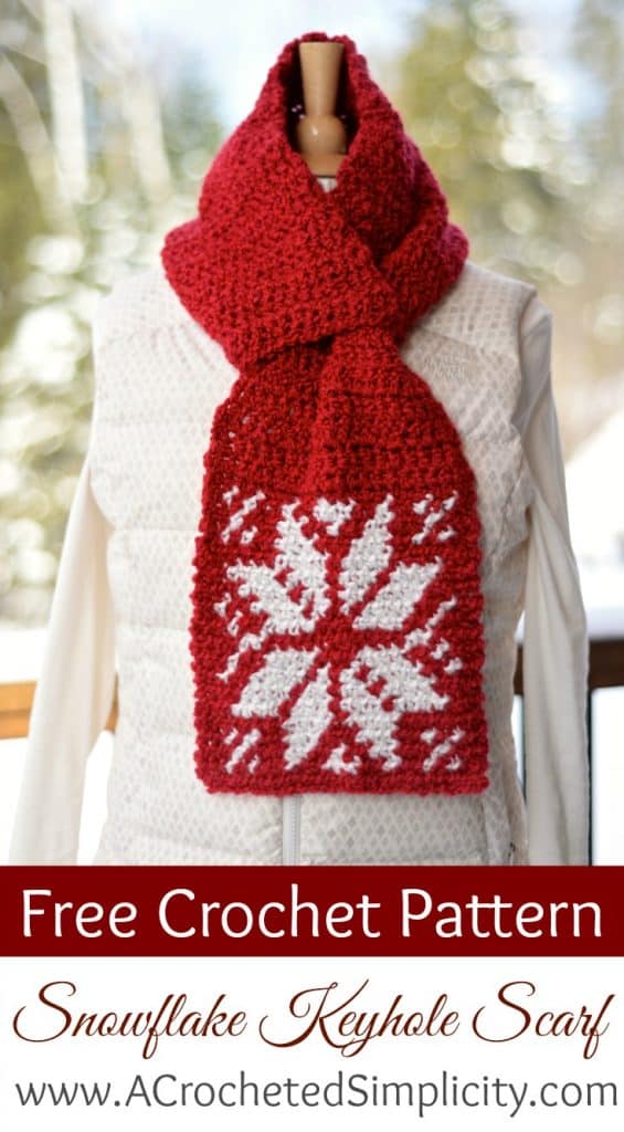 red and white keyhole crochet scarf displayed on mannequin with cream vest pinterest image