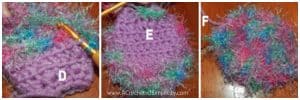 Purple monster foot with crochet hook adding fun fur yarn.