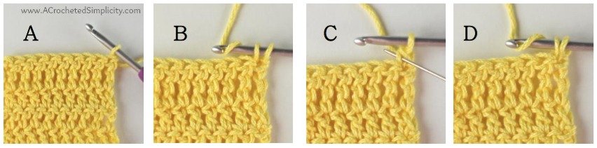 A crochet photo tutorial showing how to crochet a chainless treble crochet stitch.