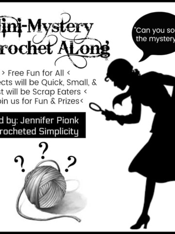 Mini mystery crochet along graphic with Nancy Drew silhouette looking at yarn through a magnifying glass.