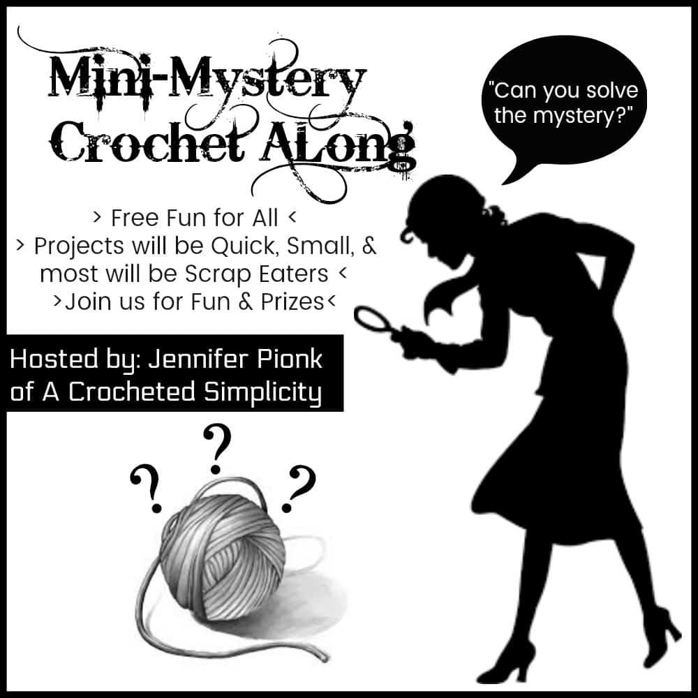 Mini mystery crochet along graphic with Nancy Drew silhouette looking at yarn through a magnifying glass.