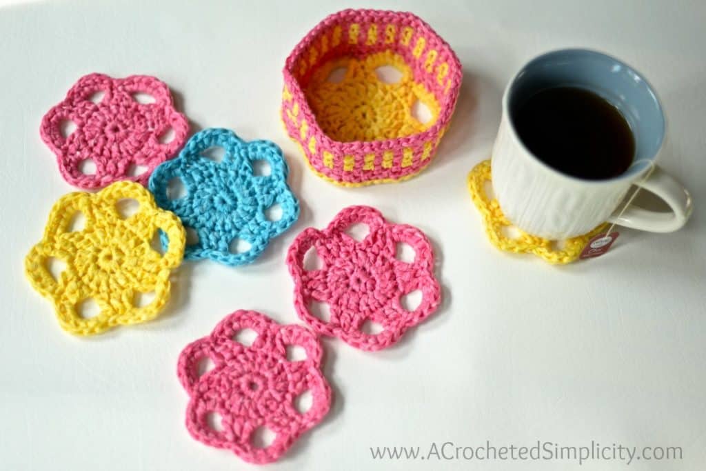 Free Crochet Pattern - Flower Drink Coasters & Caddy by A Crocheted Simplicity #crochet #freecrochetpattern #crochetcoaster