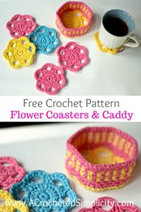 Free Crochet Pattern - Flower Drink Coasters & Caddy by A Crocheted Simplicity #crochet #freecrochetpattern #crochetcoaster