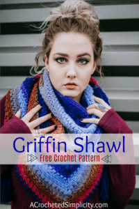 Free Crochet Pattern - Griffin Shawl / Triangular Scarf by A Crocheted Simplicity #crochet #freecrochetshawlpattern #freecrochetpattern #freecrochetscarf #triangularscarfpattern #lionbrandmandala #crochetshawl #crochetscarf #crochetshawlpattern #crochettriangularshawl