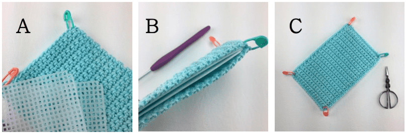 Seaming the base of a mini crochet backpack.