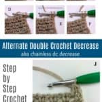 Learn to Crochet the Alternate Double Crochet Decrease, also know as a chainless double crochet - tutorial by A Crocheted Simplicity #crochetstitchtutorial #chainlessstitch #crochetstitchdecrease #alternatedoublecrochet