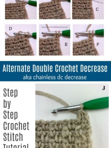 Learn to Crochet the Alternate Double Crochet Decrease, also know as a chainless double crochet - tutorial by A Crocheted Simplicity #crochetstitchtutorial #chainlessstitch #crochetstitchdecrease #alternatedoublecrochet