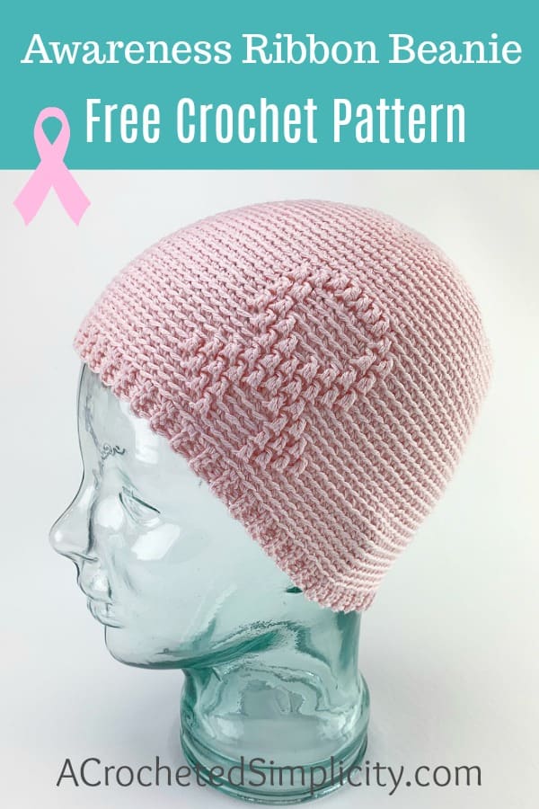 Free Crochet Beanie Pattern - Awareness Ribbon Beanie Crochet Pattern by A Crocheted Simplicity #freecrochetpattern #freecrochetbeaniepattern #crochetawarenesshat #awarenessribbon #awarenessribbonbeanie #cancerawarenessbeanie #chemocap #crochetchemocap #crochetcancerhat #raiseawareness