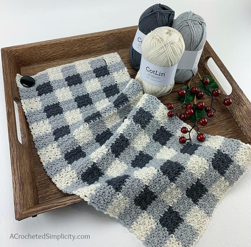 Free Crochet Pattern - Buffalo Plaid Dish Towel by A Crocheted Simplicity #buffaloplaidtowel #buffaloplaidcrochet #freecrochetpattern #crochetdishtowel #crochetteatowel #farmhousechecktowel #crochetkitchentowel