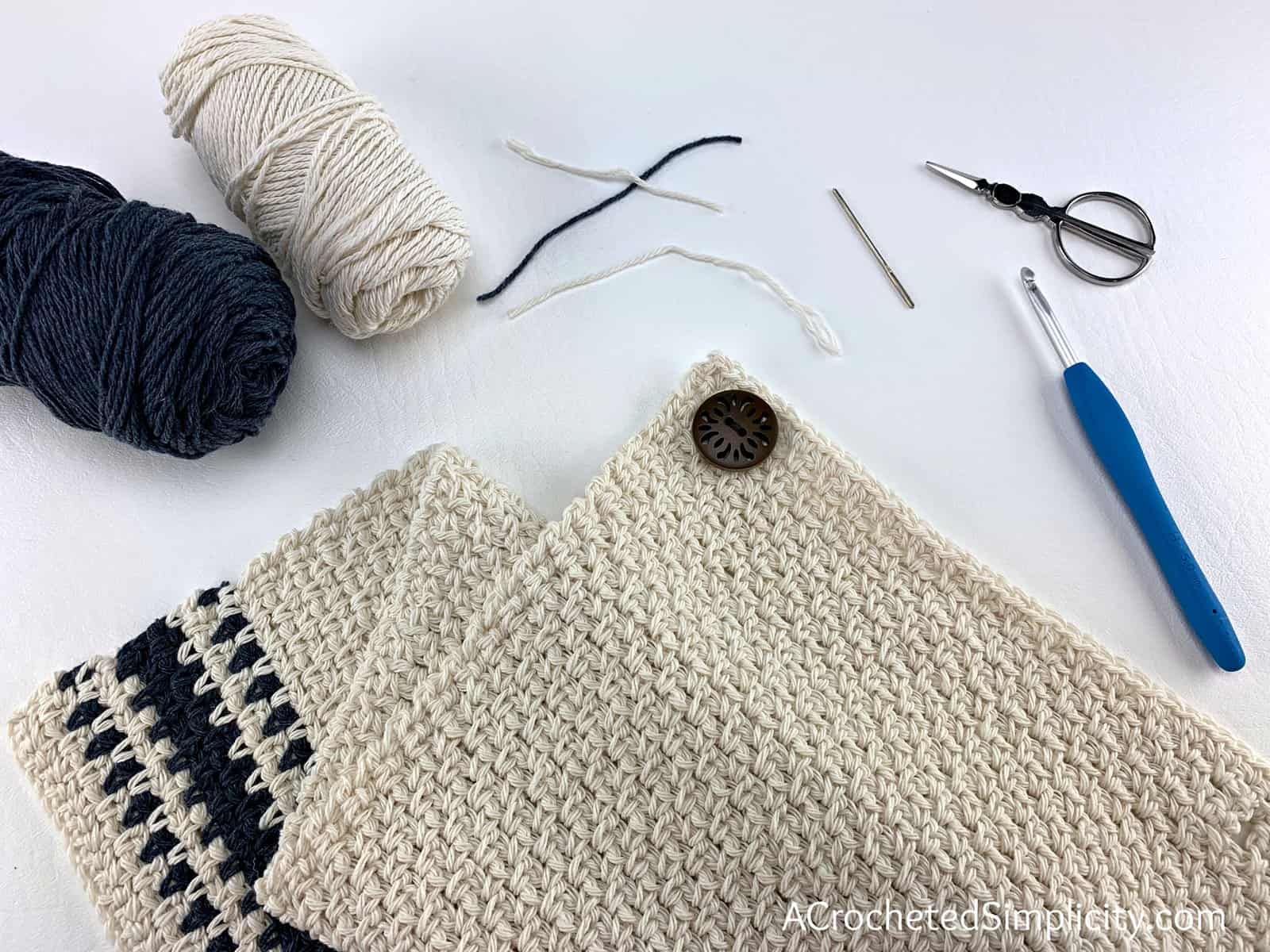 Free Crochet Pattern - Buffalo Plaid Dish Towel by A Crocheted Simplicity #buffaloplaidtowel #farmhousecrochet #freecrochetpattern #crochetdishtowel #crochetteatowel #farmhousestripedtowel #crochetkitchentowel