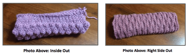 Photo collage showing how to seam the crochet drink mitt.