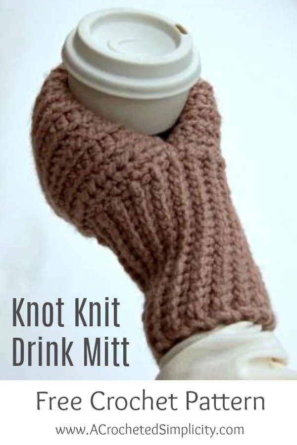 Taupe crochet beer mitten holding insulated coffee cup.