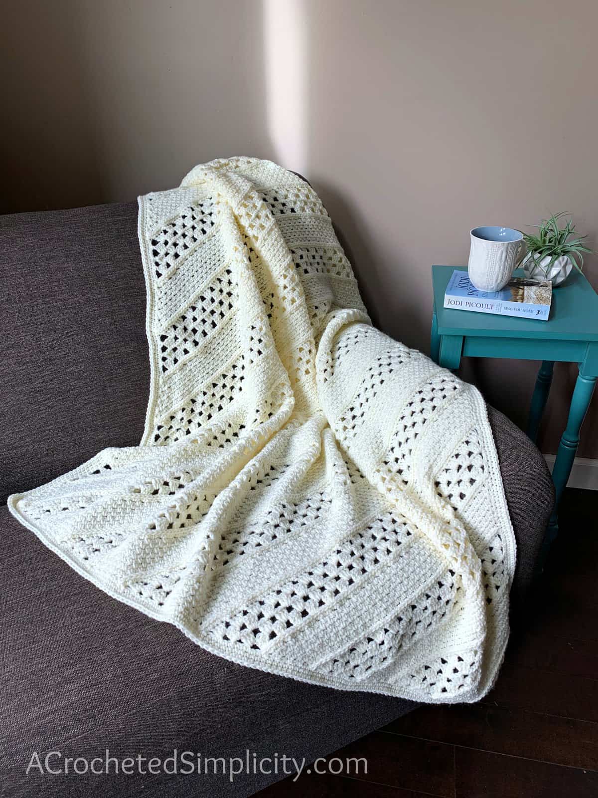 Free Crochet Blanket Pattern - On the Bias Square Afghan by A Crocheted Simplicity #crochetblanket #crochetafghan #freecrochetpattern #freecrochetblanketpattern #handmadeblanket #homemade #lionbrandwooleasecakes