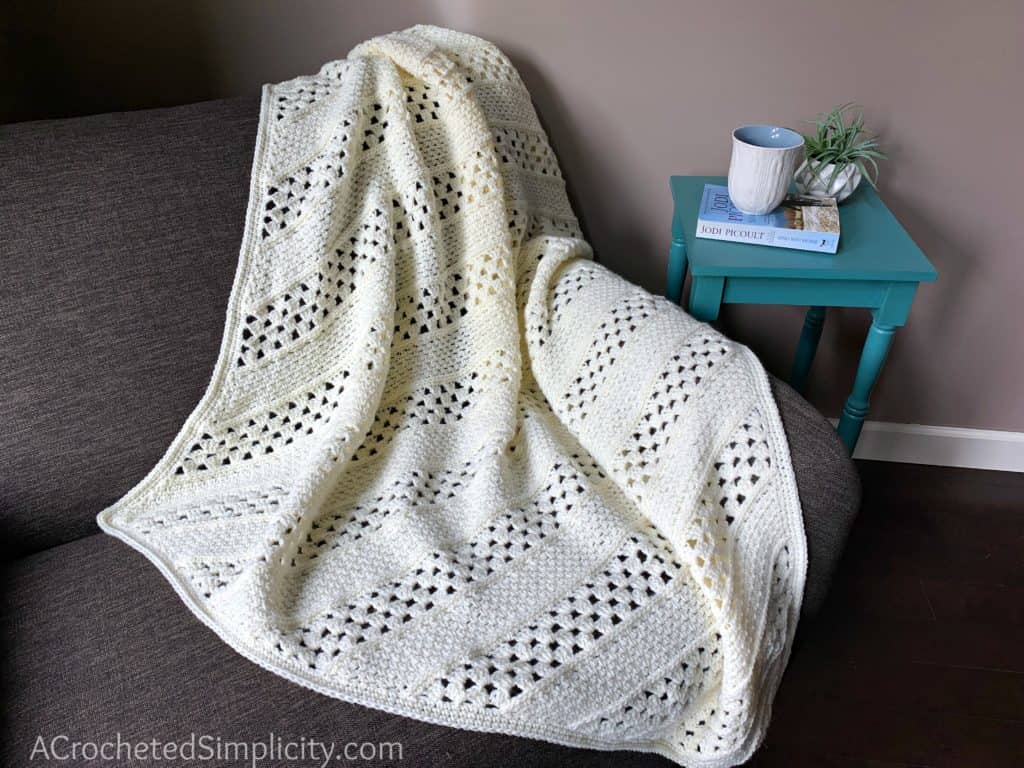 Free Crochet Blanket Pattern - On the Bias Square Afghan by A Crocheted Simplicity #crochetblanket #crochetafghan #freecrochetpattern #freecrochetblanketpattern #handmadeblanket #homemade #lionbrandwooleasecakes