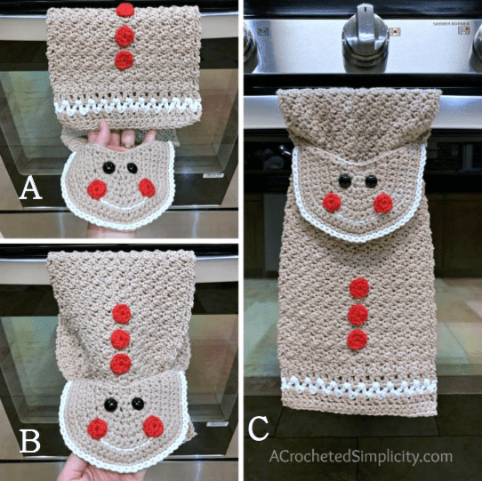 Free Crochet Pattern - Gingerbread Man Kitchen Towel by A Crocheted Simplicity #freecrochetpattern #crochetdishtowel #crochetteatowel #crochetkitchentowel #christmastowel #christmascrochet #gingerbreadman #crochetgingerbreadman