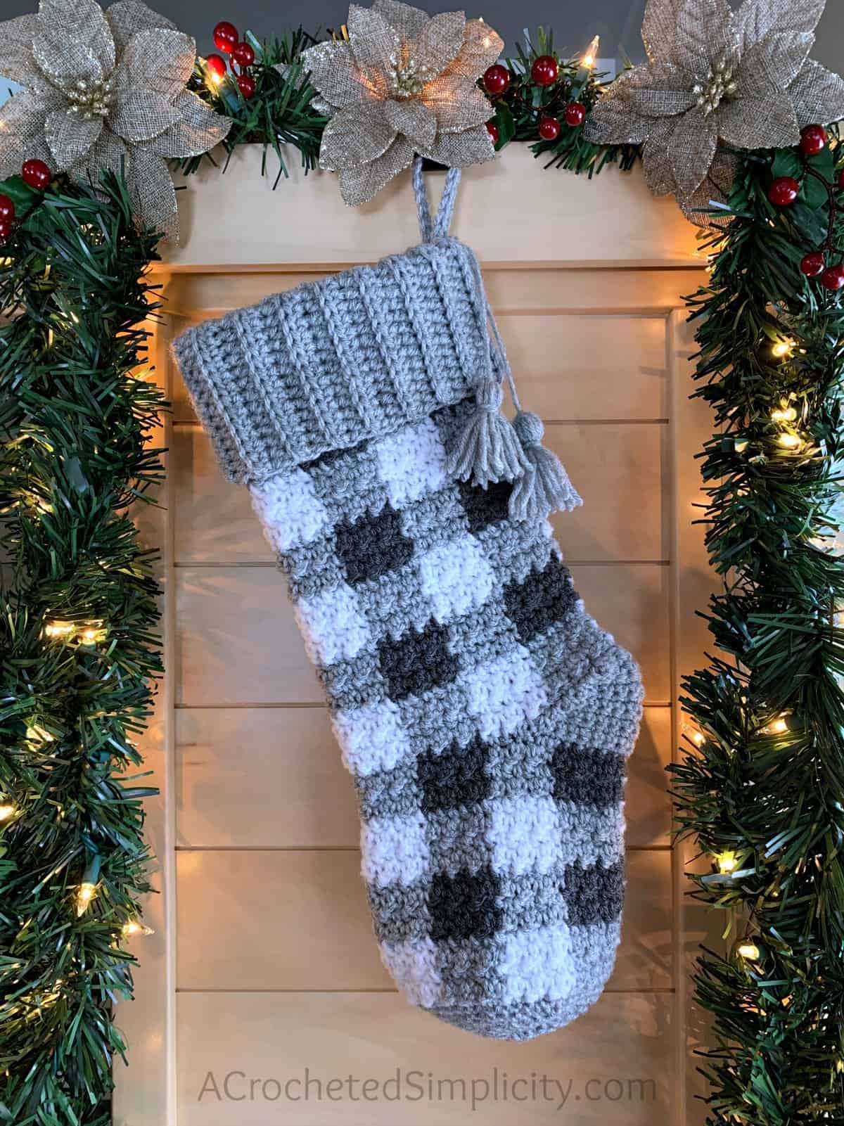 Free Crochet Stocking Pattern - Buffalo Plaid Christmas Stocking by A Crocheted Simplicity #crochetplaid #crochetstocking #plaidstocking #farmhouseplaid #farmhousecrochet #crochetchristmas #crochetchristmasstocking #freecrochetpattern #crochet #handmadestocking #handmadechristmas