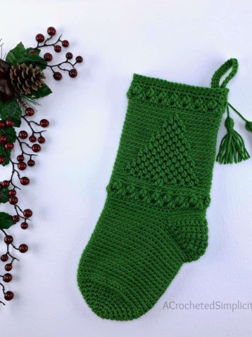 Free Crochet Pattern - O' Christmas Tree Christmas Stocking by A Crocheted Simplicity #freecrochetstockingpattern #freecrochetpattern #crochetchristmas #christmasstockingpattern #crochet #handmadestocking