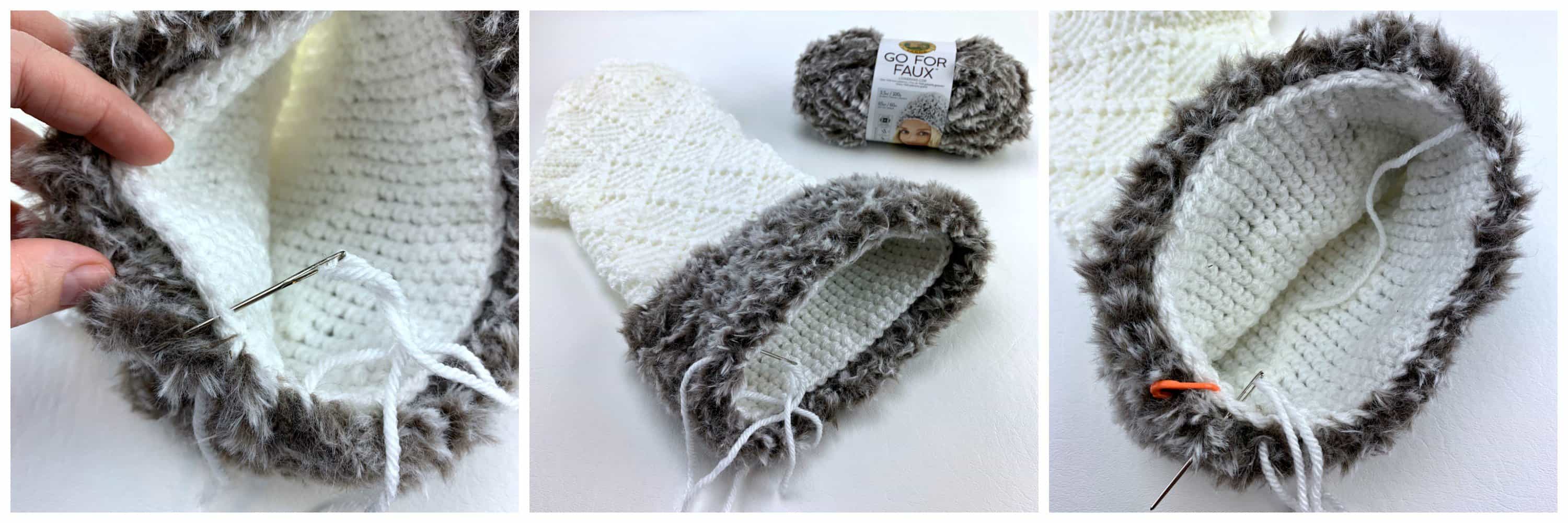 faux fur crochet cuff being sewn onto crochet stocking