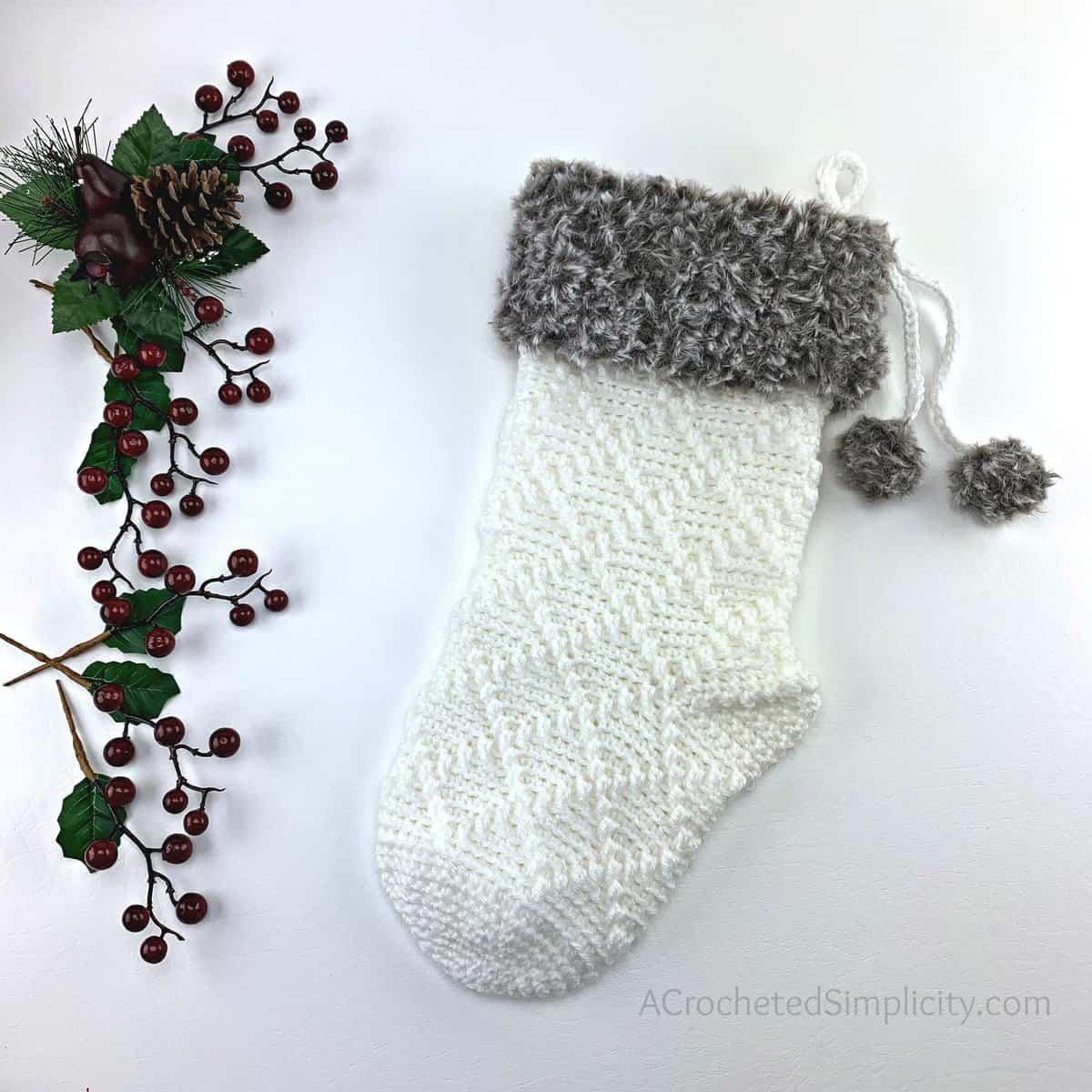 Free Crochet Pattern - Diamonds & Fur Christmas Stocking by A Crocheted Simplicity #freecrochetstockingpattern #freecrochetpattern #crochetchristmas #christmasstockingpattern #crochet #handmadestocking