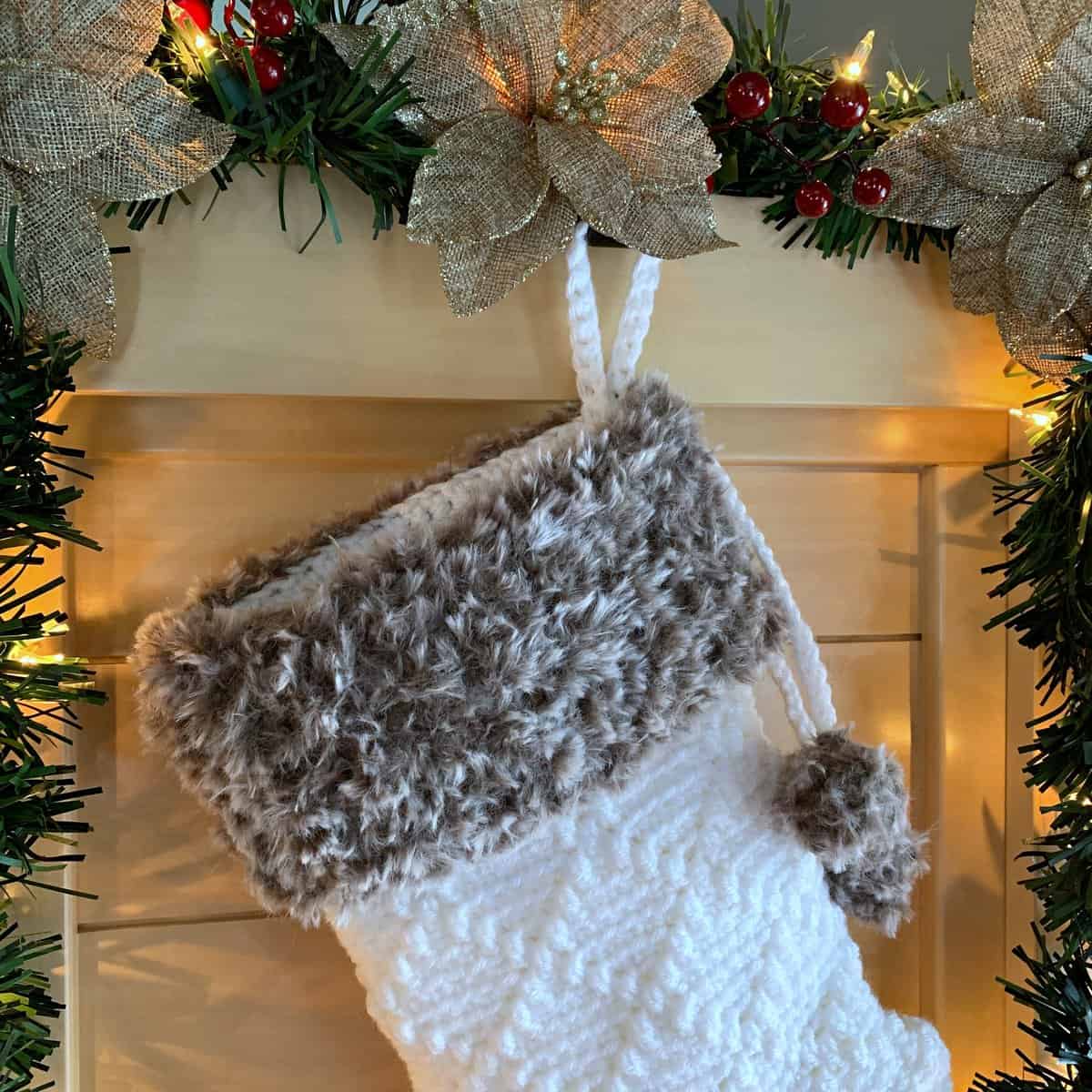 Free Crochet Pattern - Diamonds & Fur Christmas Stocking by A Crocheted Simplicity#freecrochetstockingpattern #freecrochetpattern #crochetchristmas #christmasstockingpattern #crochet #handmadestocking