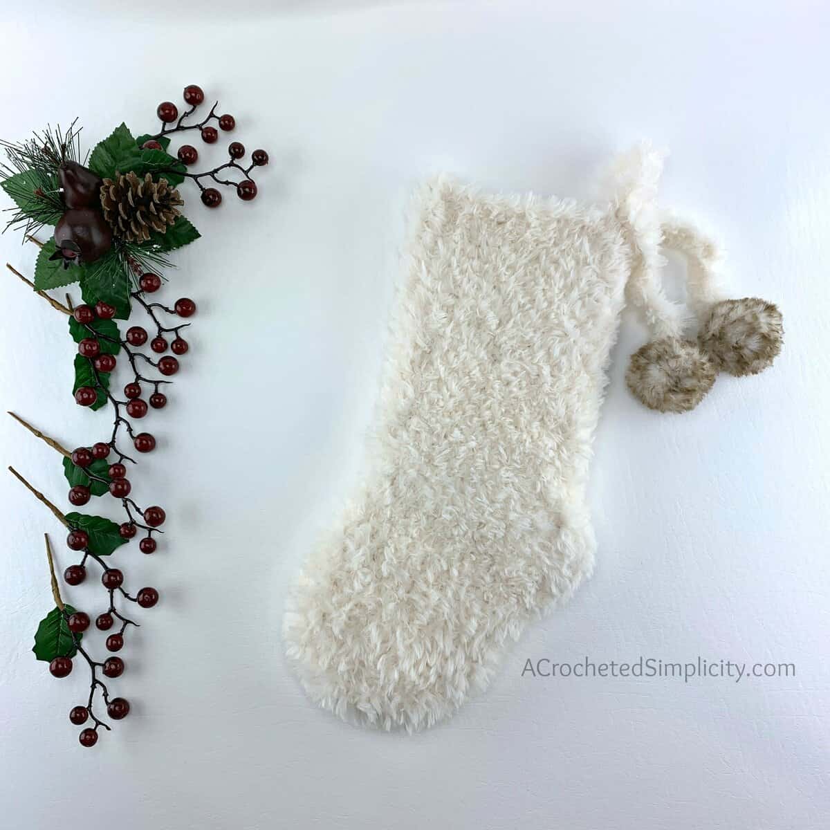 Free Crochet Pattern - Faux Fur Christmas Stocking by A Crocheted Simplicity#freecrochetstockingpattern #freecrochetpattern #crochetchristmas #christmasstockingpattern #crochet #handmadestocking