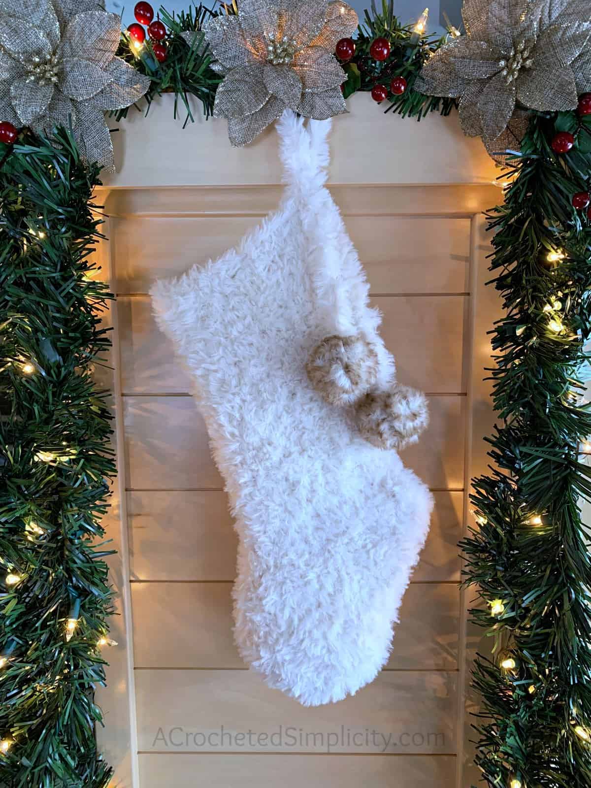 Free Crochet Pattern - Faux Fur Christmas Stocking by A Crocheted Simplicity#freecrochetstockingpattern #freecrochetpattern #crochetchristmas #christmasstockingpattern #crochet #handmadestocking