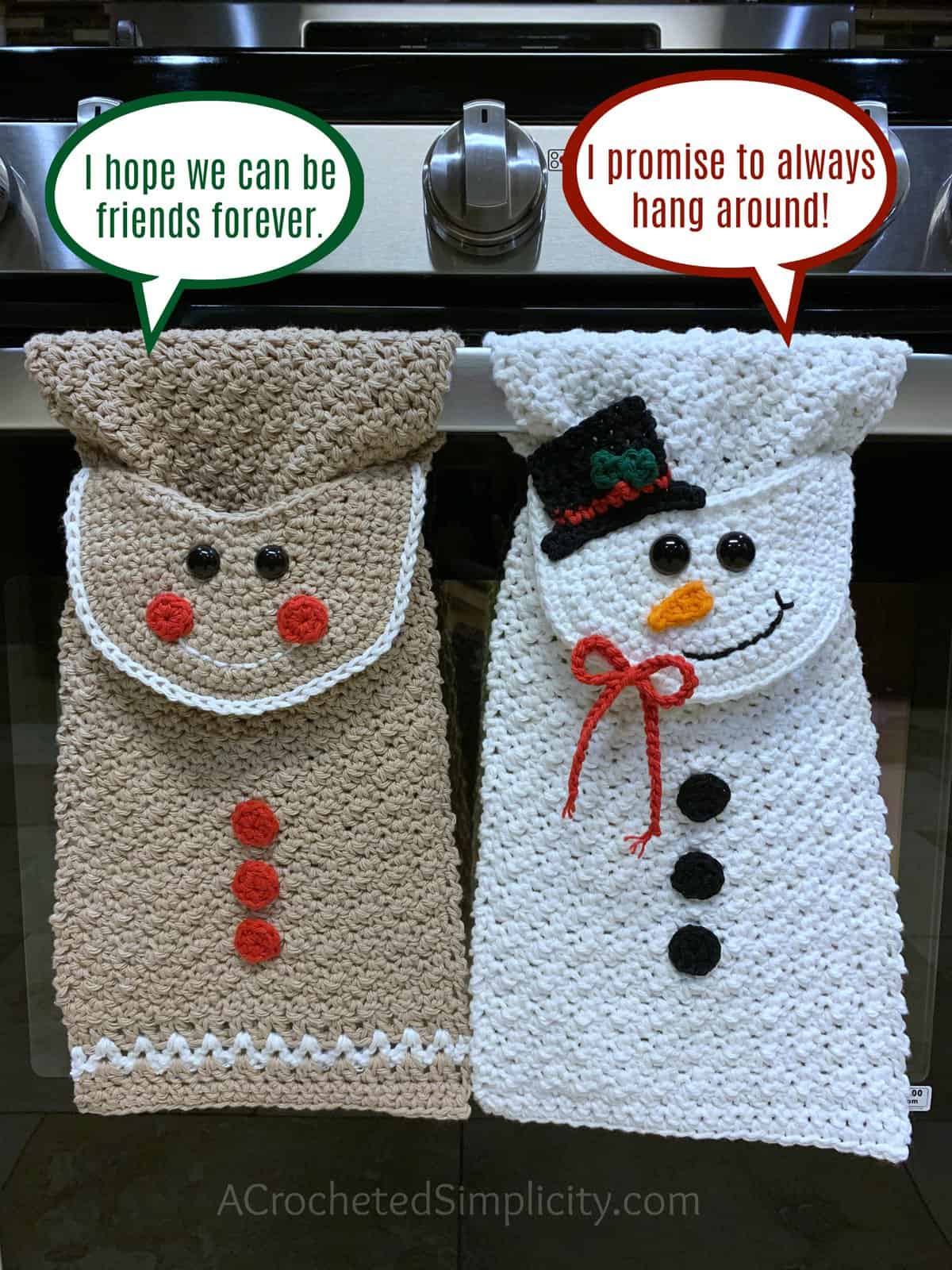 Free Crochet Patterns - Gingerbread Man & Snowman Kitchen Towels by A Crocheted Simplicity #crochetchristmastowel #gingerbreadmantowel #snowmantowel #freecrochetpattern #crochet #crochettowelpattern