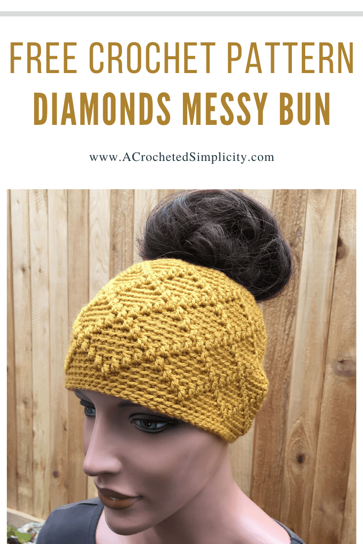 Free Crochet Pattern - Diamonds Messy Bun by A Crocheted Simplicity . #crochetmessybun #freecrochetpattern #crochetdiamonds #crochethat #crochetbunhat #crochetponytailhat #handmade